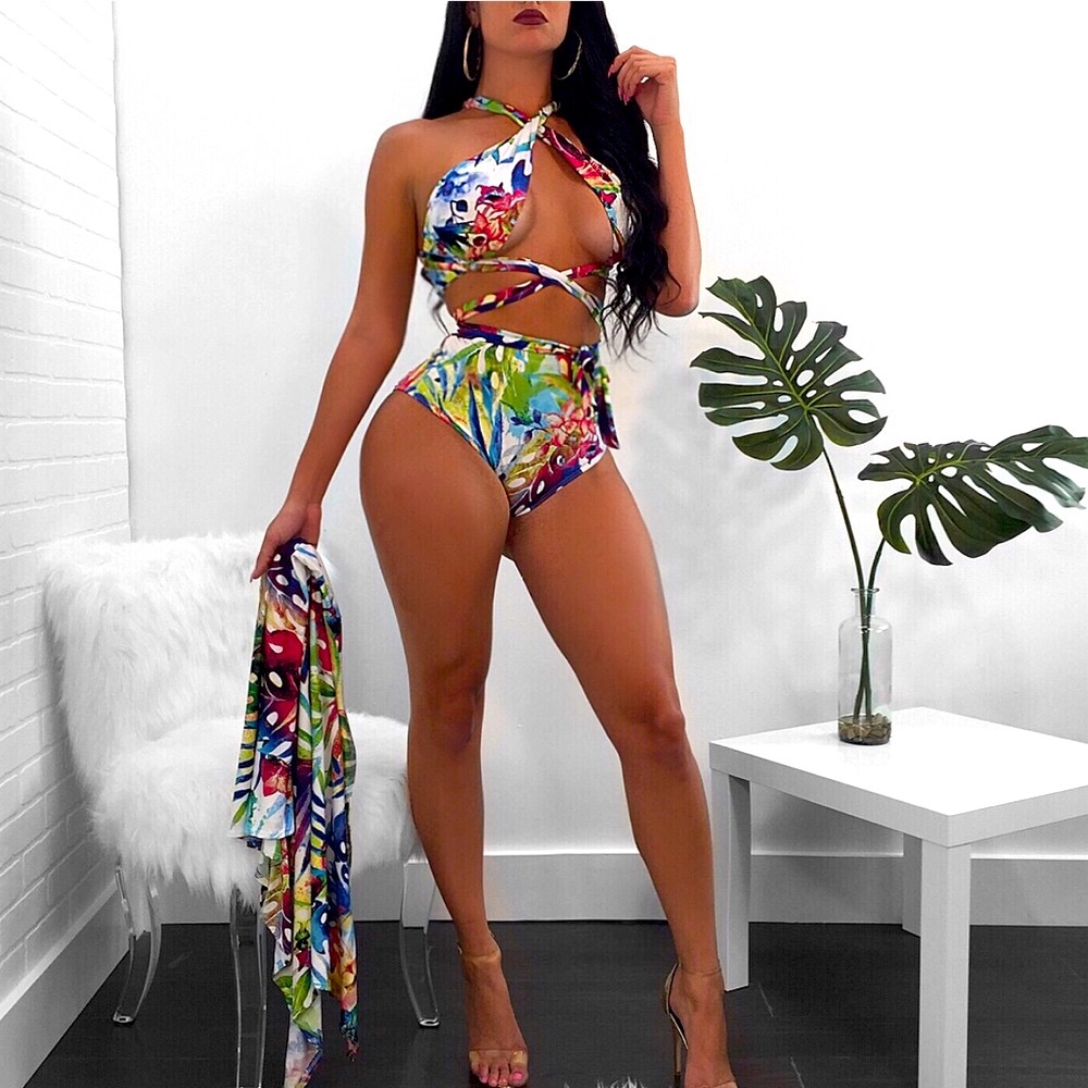 Tropical Print Bikini Set W/ Matching Sarong - image 4